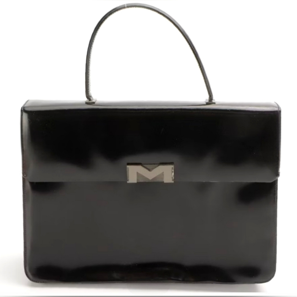 Bruno Magli | Block M Top Handle Satchel Briefcase Bag | Glazed Black Leather